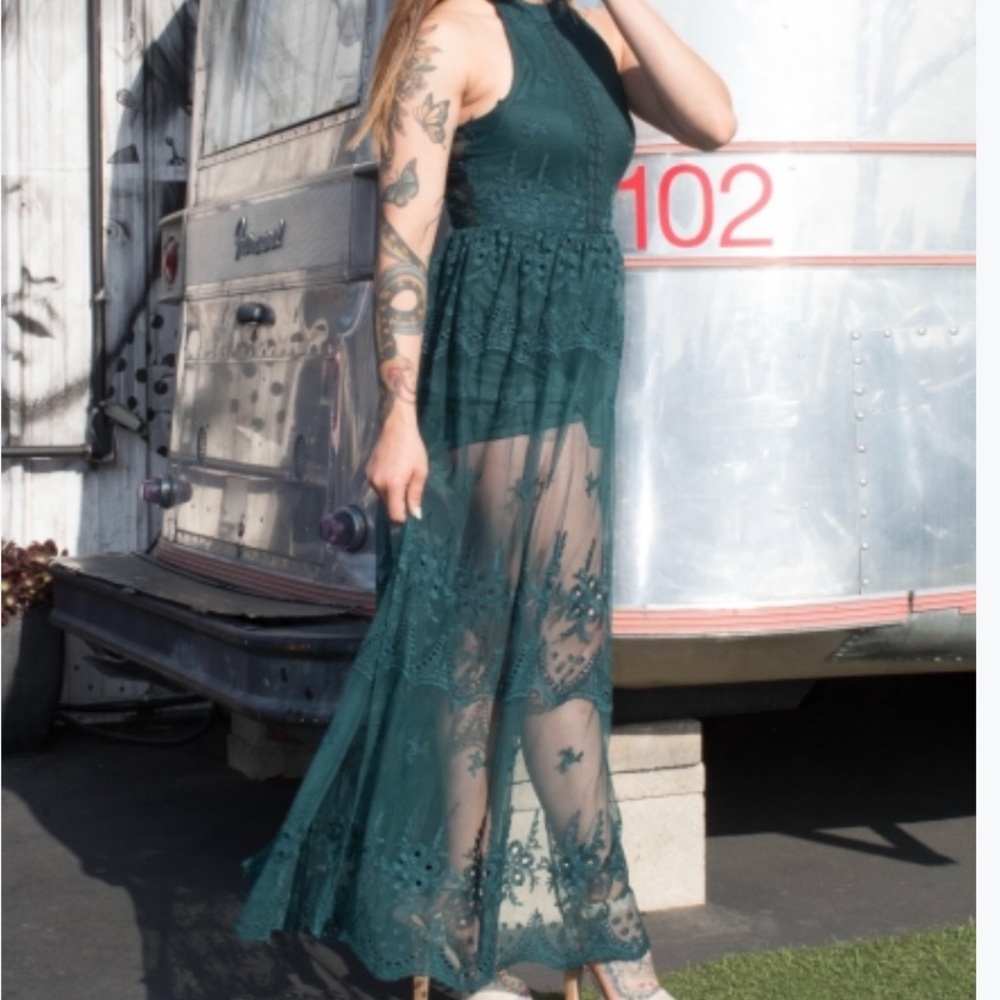Lace Maxi Dress-Dark Green - Picture 3 of 6
